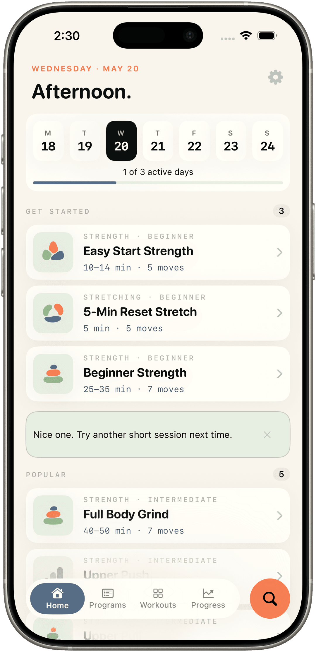 Reboot home screen — today's session with starter and popular workouts