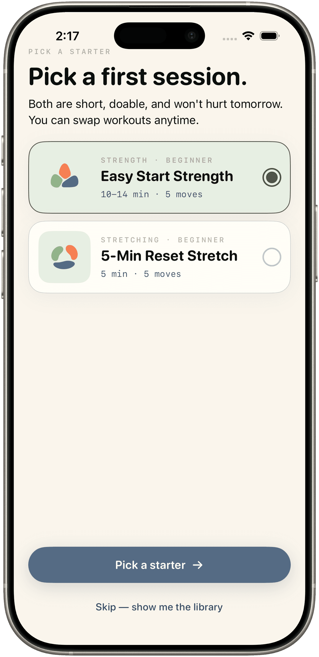 Onboarding — pick your first workout